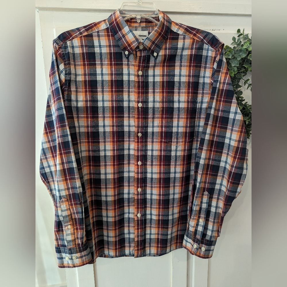 Sonoma men's large dress shirt garnet,navy,coral plaid long sleeve
